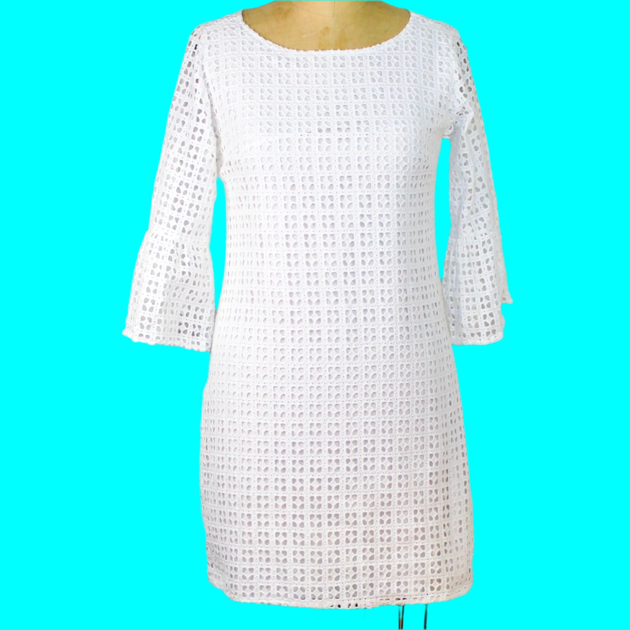 White Eyelet Bell Sleeve Dress by French Curve, Size X-Small